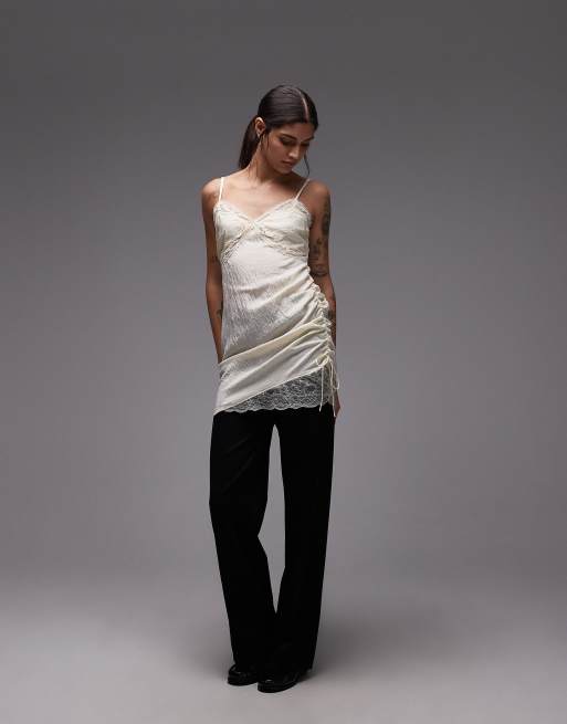 ASOS DESIGN cami lace trim satin slip mini dress in cream, 2 of 4