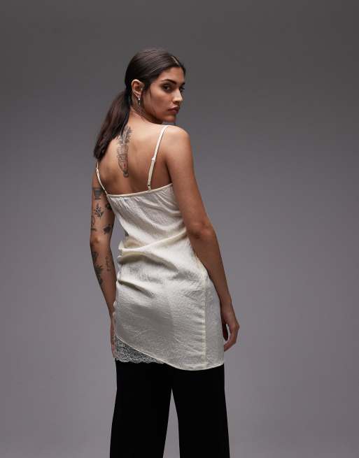 ASOS DESIGN cami lace trim satin slip mini dress in cream, 4 of 4