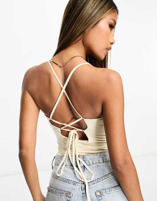 ASOS DESIGN cami lace up back bodysuit in buttermilk