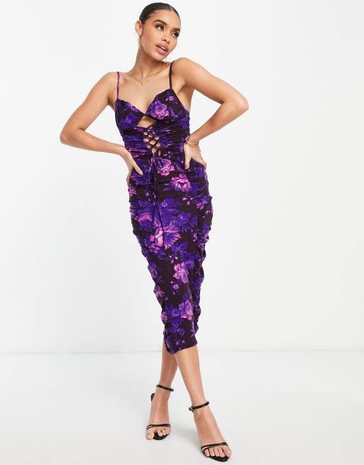 ASOS DESIGN cami lace up front ruched midi dress in purple floral