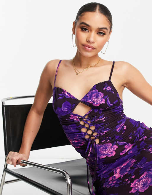 ASOS DESIGN cami lace up front ruched midi dress in purple floral print