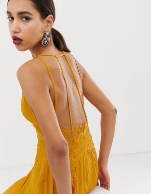 asos design cami maxi dress in crinkle chiffon with lace waist and strappy back detail