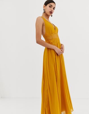 asos design cami maxi dress in crinkle chiffon with lace waist and strappy back detail