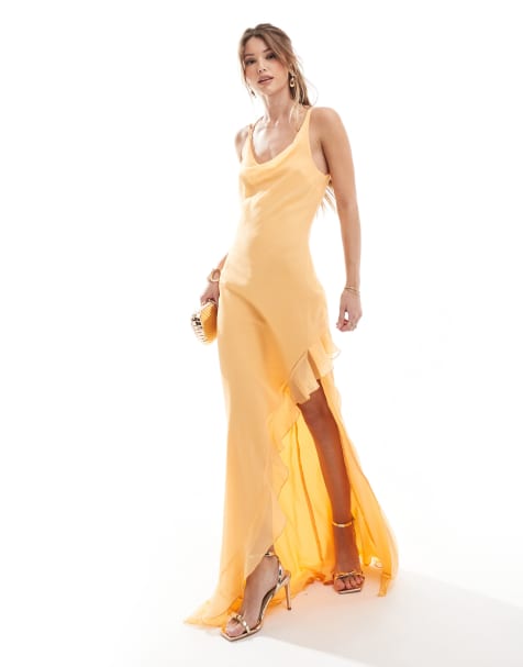 ASOS DESIGN cami maxi dress with cowl neck and ruffle split detail in orange  - view 1