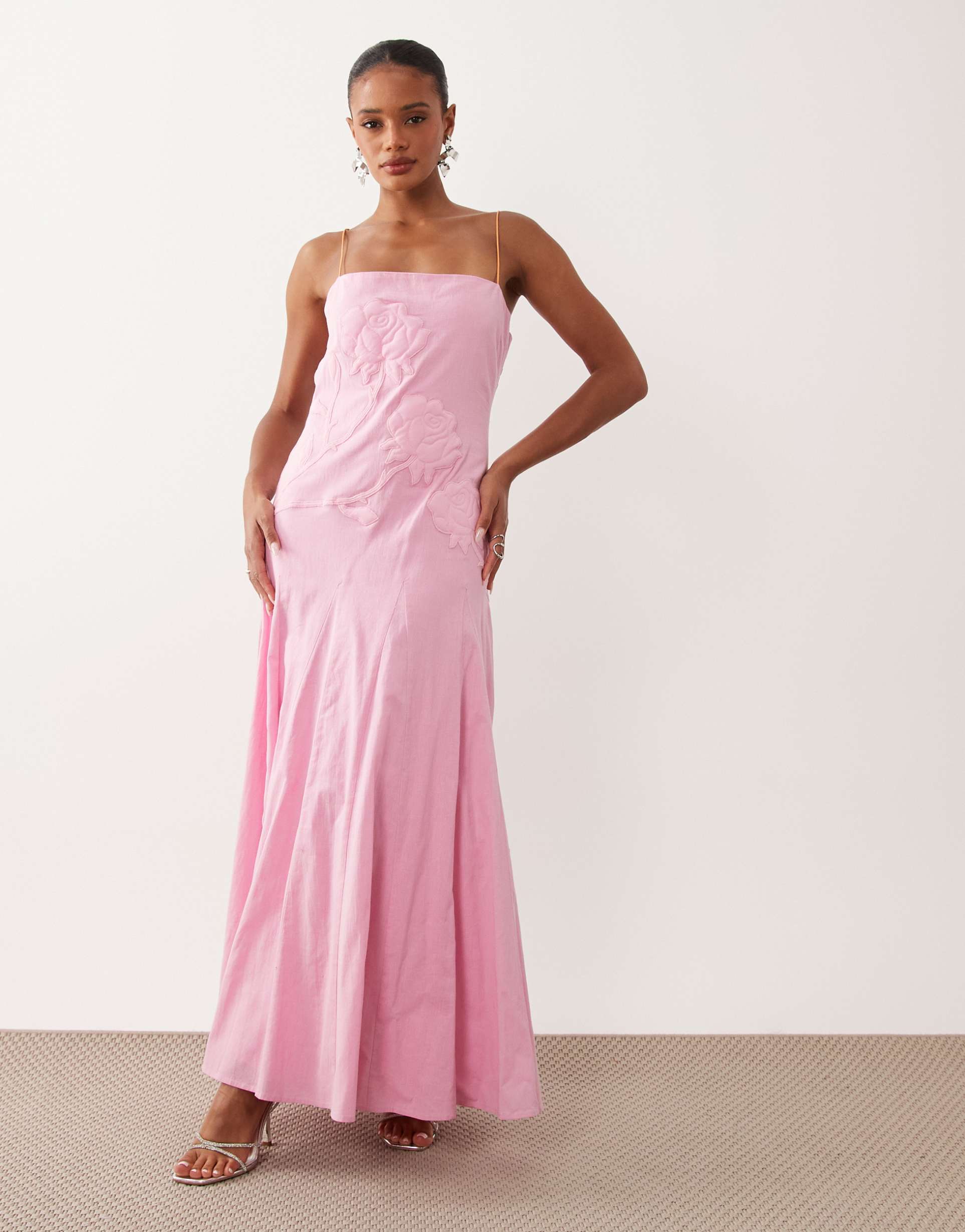 asos design cami maxi dress with floral applique and open back detail in pink