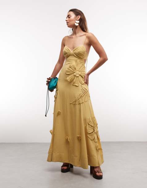 ASOS DESIGN cami maxi dress with floral applique and pleat bust detail in yellow - view 1