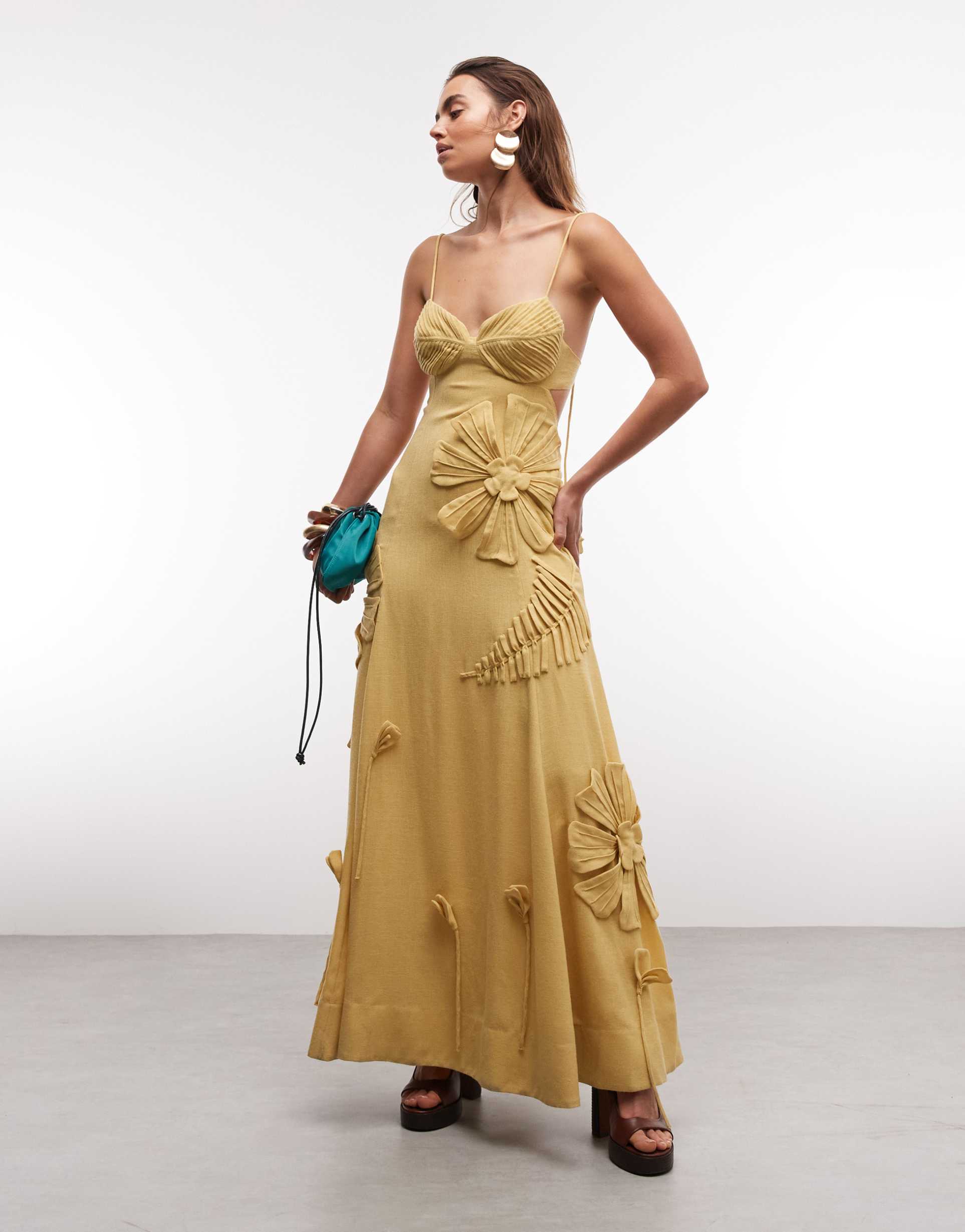asos design cami maxi dress with floral applique and pleat bust detail in yellow