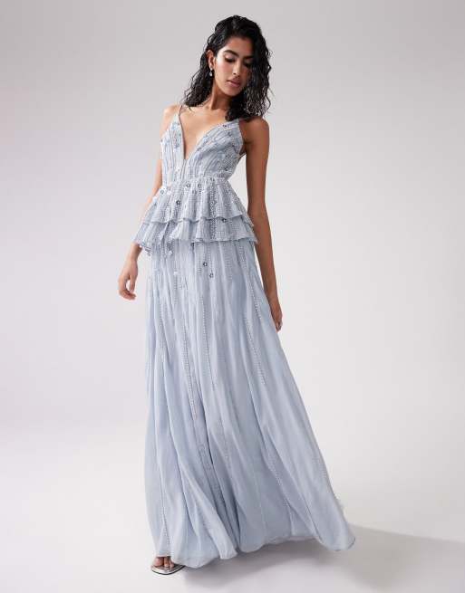 ASOS DESIGN cami maxi dress with floral embellishment and tiered peplum in steel blue ASOS