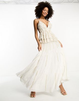Asos Design Cami Maxi Dress With Floral Embellishment And Tiered Peplum In White