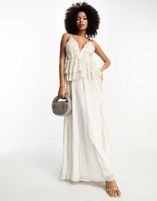 ASOS DESIGN cami maxi dress with floral embellishment and tiered peplum in  white