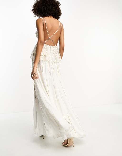 ASOS DESIGN cami maxi dress with floral embellishment and tiered peplum in  white