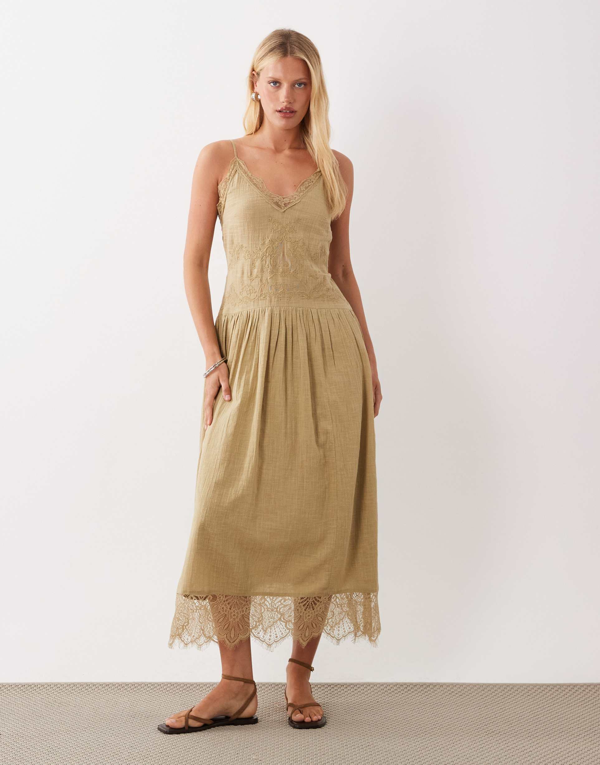 asos design cami maxi dress with lace inserts and tie straps in olive