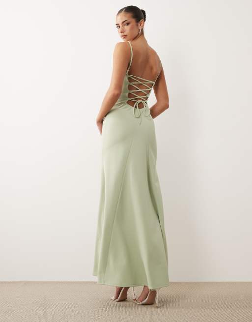 ASOS DESIGN cami maxi dress with lace up back in sage, 2 of 4