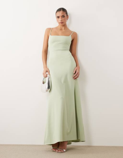 ASOS DESIGN cami maxi dress with lace up back in sage, 3 of 4