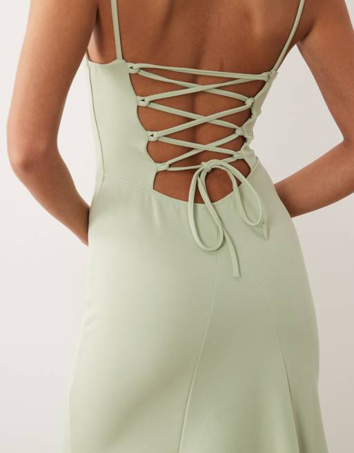 ASOS DESIGN cami maxi dress with lace up back in sage, 4 of 4
