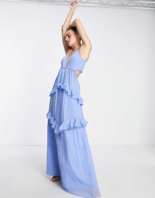 ASOS DESIGN cami maxi dress with open back and circle trim in blue