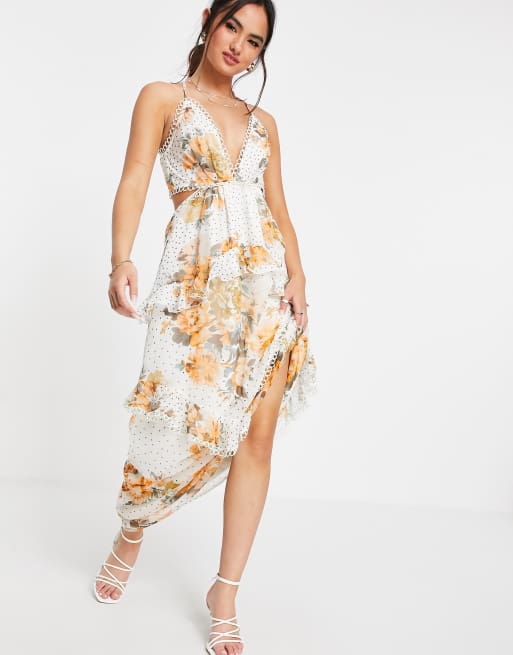 ASOS DESIGN cami maxi dress with open back and circle trim in floral print