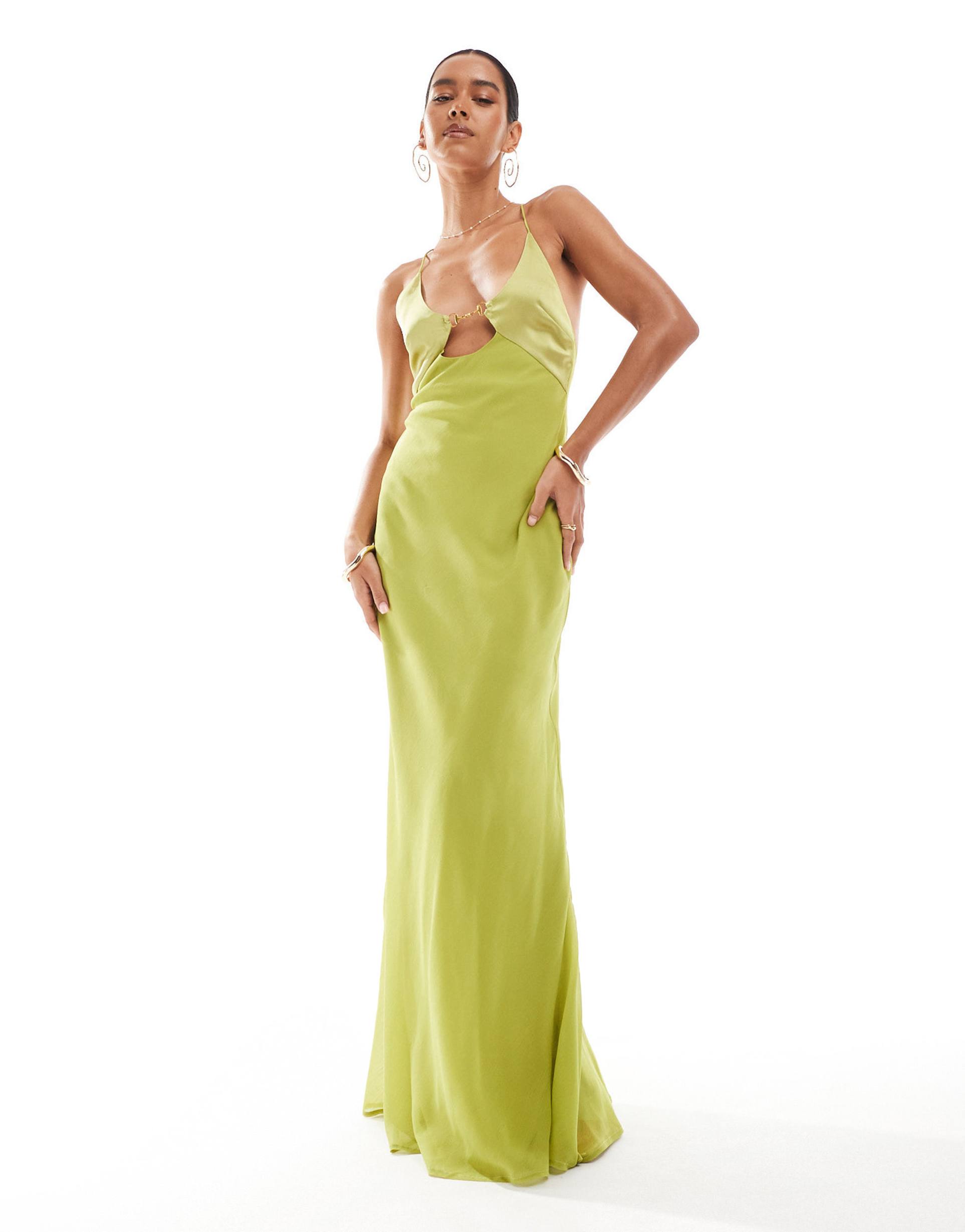 asos design cami maxi dress with satin bust and buckle detail in lime