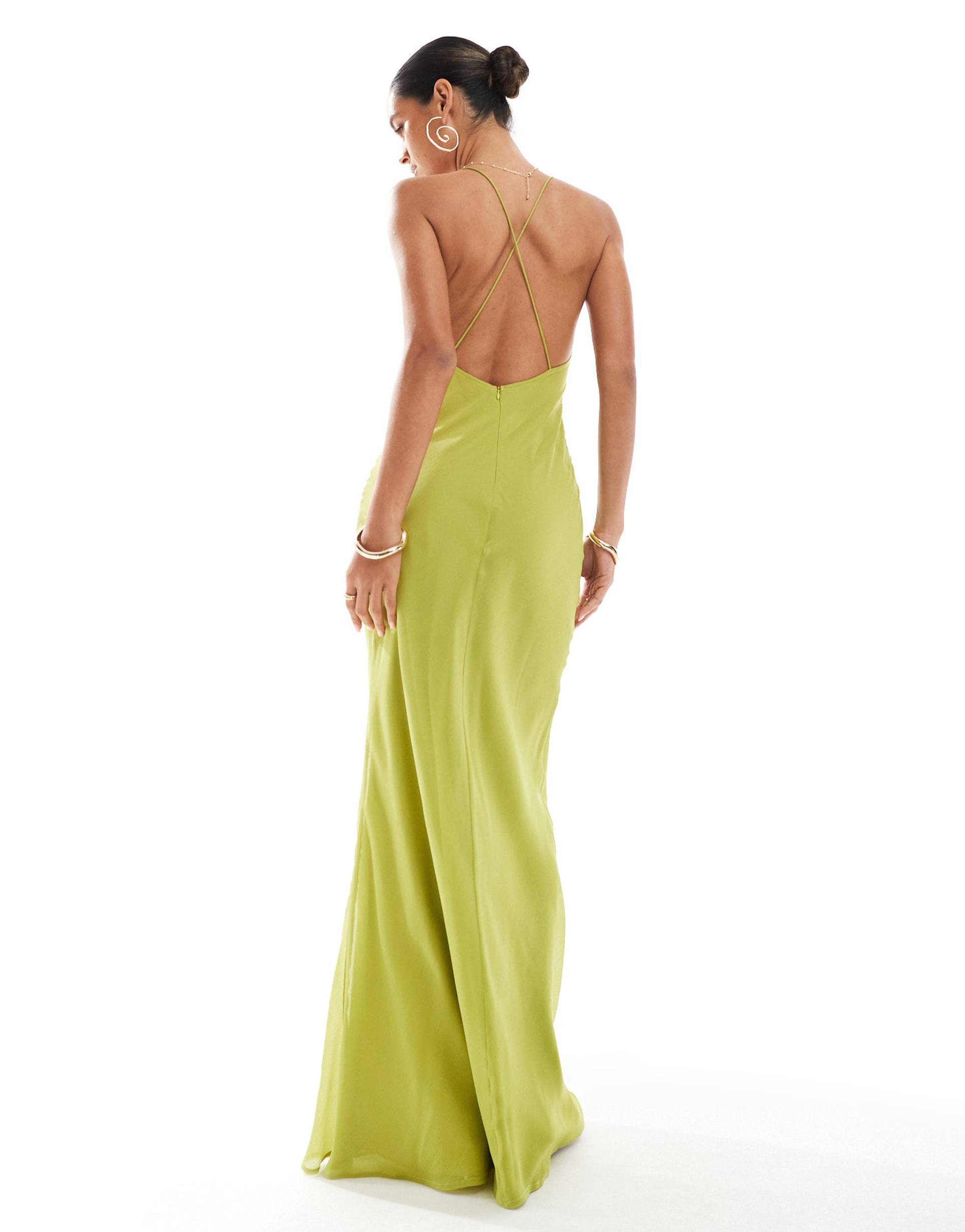 asos design cami maxi dress with satin bust and buckle detail in lime