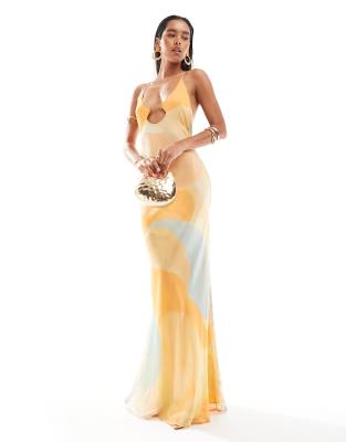 Asos Design Cami Maxi Dress With Satin Bust And Buckle Detail In Orange Abstract Print-multi