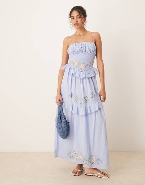 ASOS DESIGN cami maxi dress with shirred waist embroidery in blue - view 1