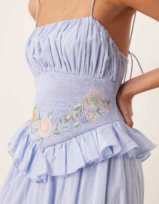 ASOS DESIGN cami maxi dress with shirred waist embroidery in blue