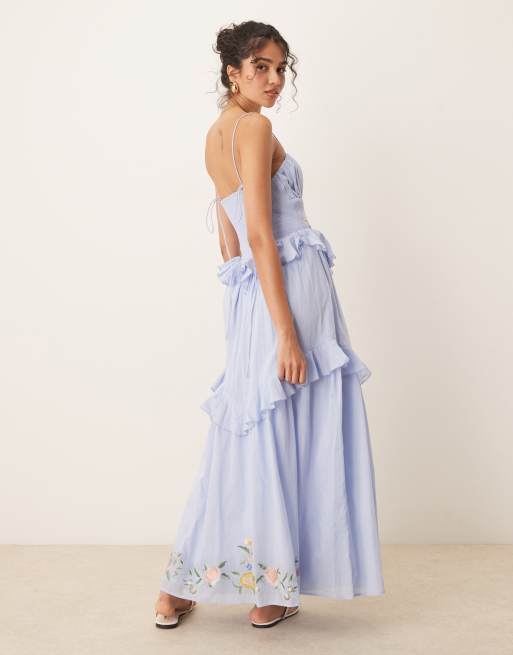 ASOS DESIGN cami maxi dress with shirred waist embroidery in blue, 3 of 4