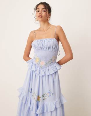 ASOS DESIGN cami maxi dress with shirred waist embroidery in blue