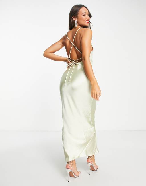 ASOS DESIGN cami maxi slip dress in hi shine satin with lace up back in oyster ASOS