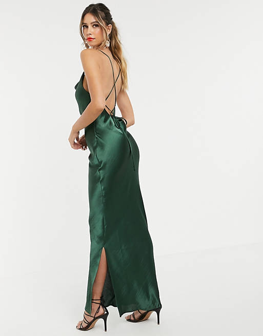 ASOS DESIGN cami maxi slip dress in high shine in satin with lace up back