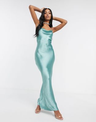 ASOS DESIGN cami maxi slip dress in high shine in satin with lace up back-Green