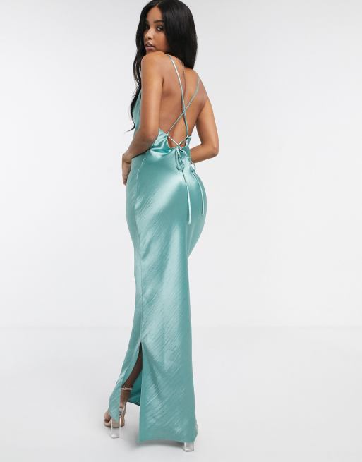 ASOS DESIGN cami maxi slip dress in high shine satin with lace up back in  oyster