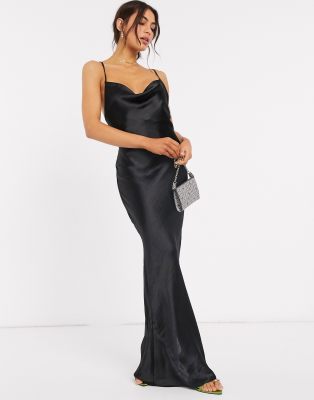 ASOS DESIGN cami maxi slip dress in high shine satin with lace up back in  black