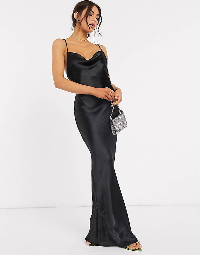 ASOS DESIGN cami maxi slip dress in high shine satin with lace up back in black