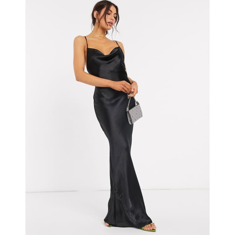 ASOS DESIGN satin high neck drape maxi dress with open back and high split  in wine