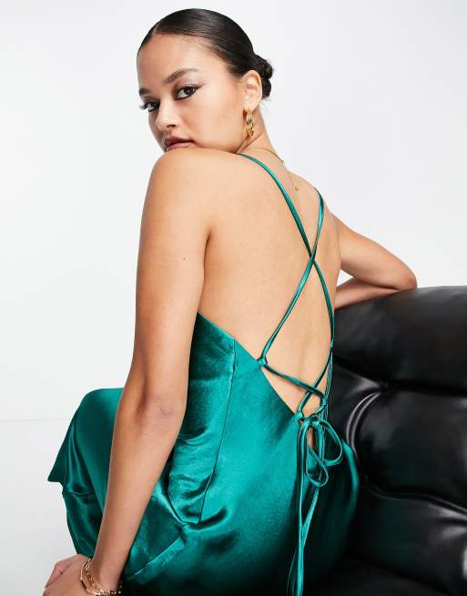 ASOS DESIGN cami maxi slip dress in high shine satin with lace up back in  rust