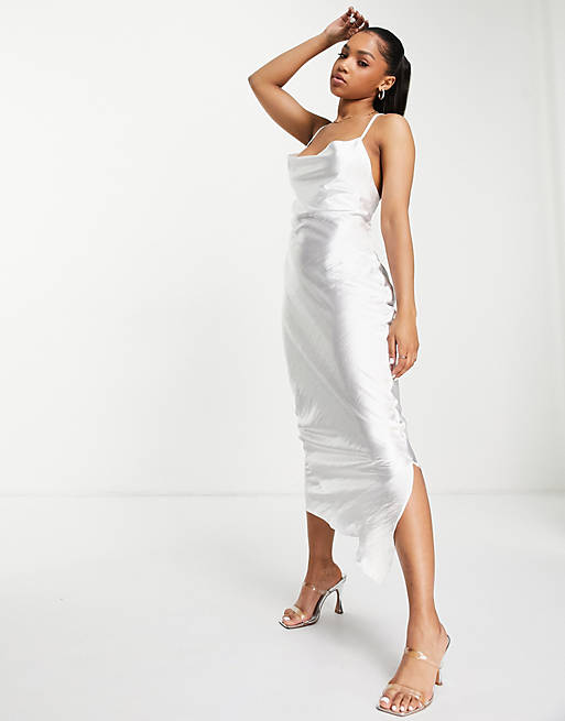 ASOS DESIGN cami maxi slip dress in high shine satin with lace up back in  ivory