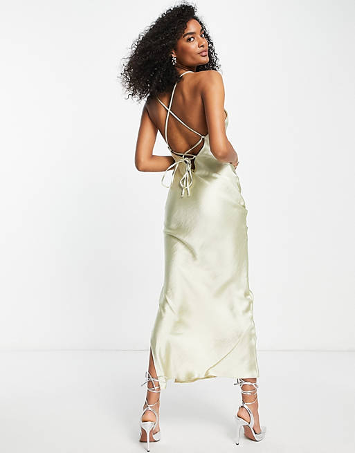 Women cami maxi slip dress in high shine satin with lace up back in oyster 