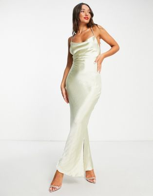 ASOS DESIGN cami maxi slip dress in high shine satin with lace up back in oyster