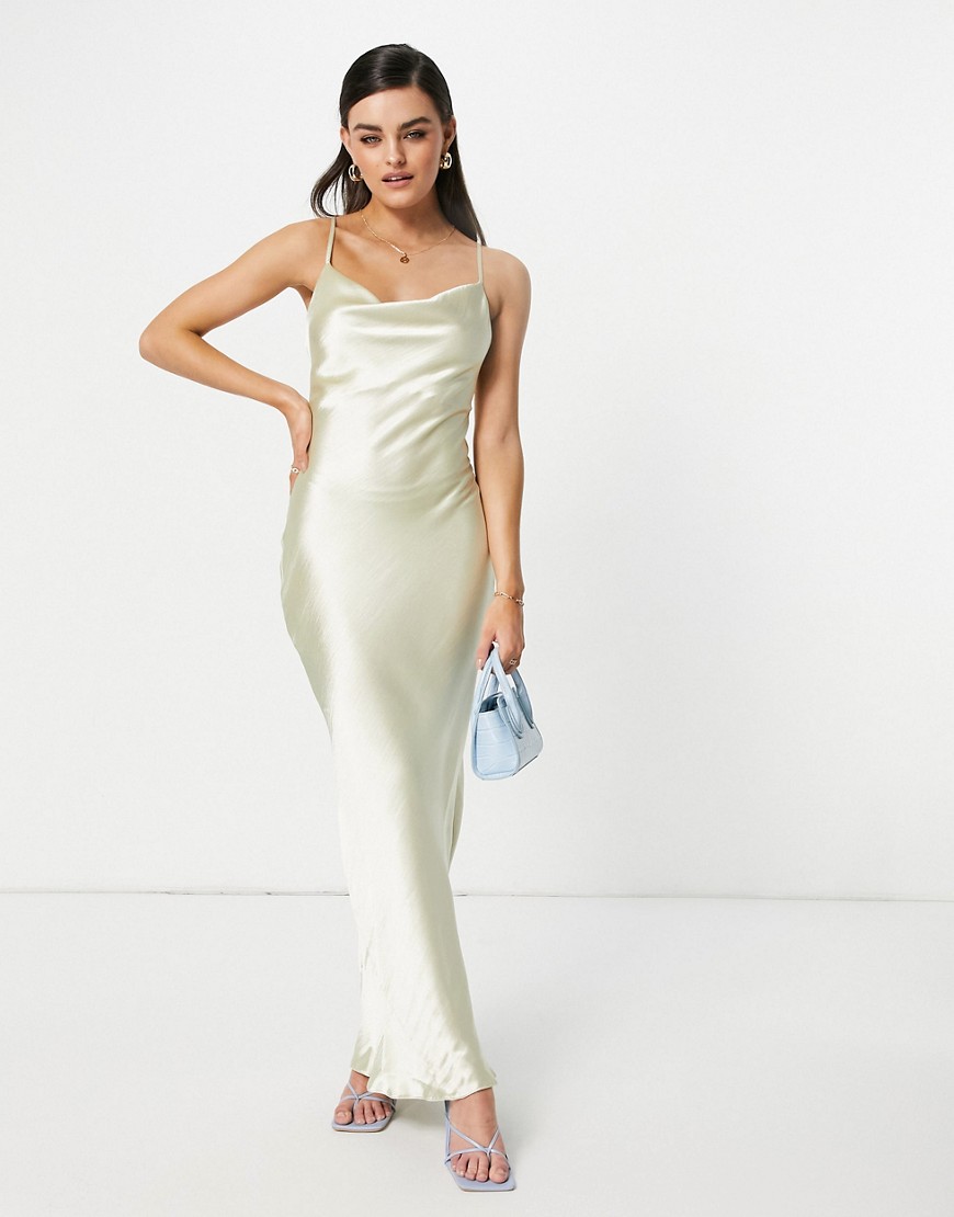 ASOS DESIGN cami maxi slip dress in high shine satin with lace up back in oyster-White
