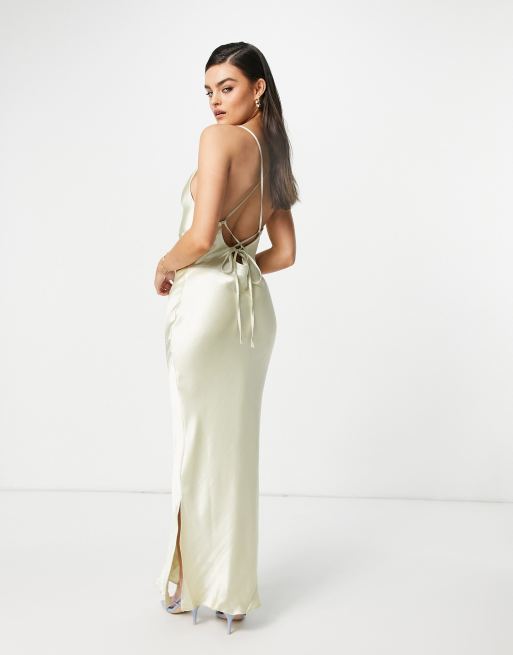 ASOS DESIGN cami maxi slip dress in high shine satin with lace up back in  oyster