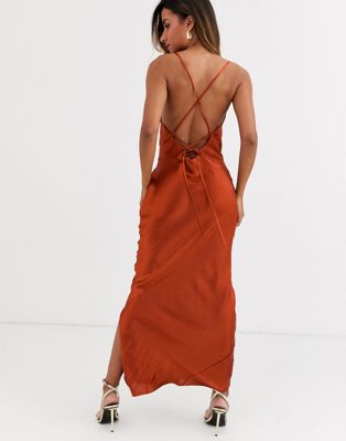 ASOS DESIGN cami maxi slip dress in high shine satin with lace up back in rust-Red