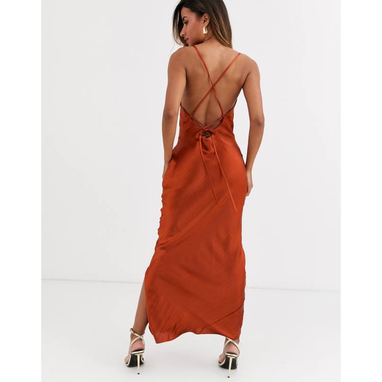 ASOS DESIGN cami maxi slip dress in high shine satin with lace up back in  rust