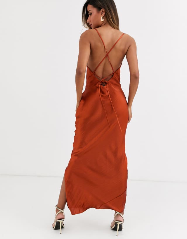 ASOS DESIGN cami maxi slip dress in high shine satin with lace up back in rust