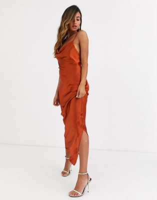 ASOS DESIGN cami maxi slip dress in high shine satin with lace up back in  rust