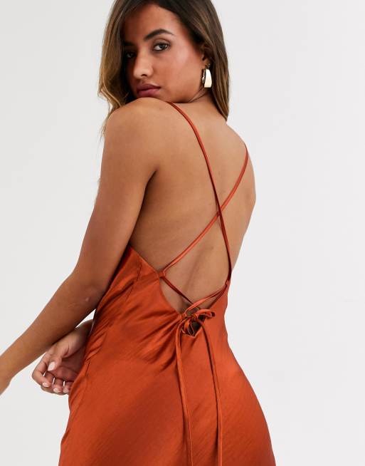 ASOS DESIGN cami maxi slip dress in high shine satin with lace up back in  rust