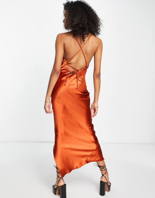 ASOS DESIGN cami maxi slip dress in high shine satin with lace up back in  rust