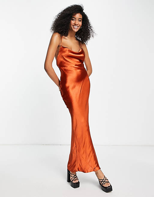 ASOS DESIGN cami maxi slip dress in high shine satin with lace up back in  rust