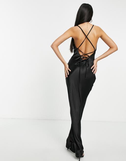 ASOS DESIGN cami maxi slip dress in high shine satin with lace up back