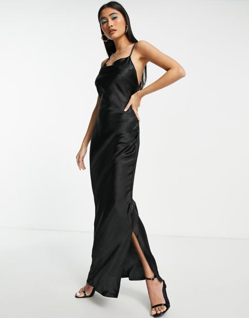 ASOS DESIGN cami maxi slip dress in high shine satin with lace up back